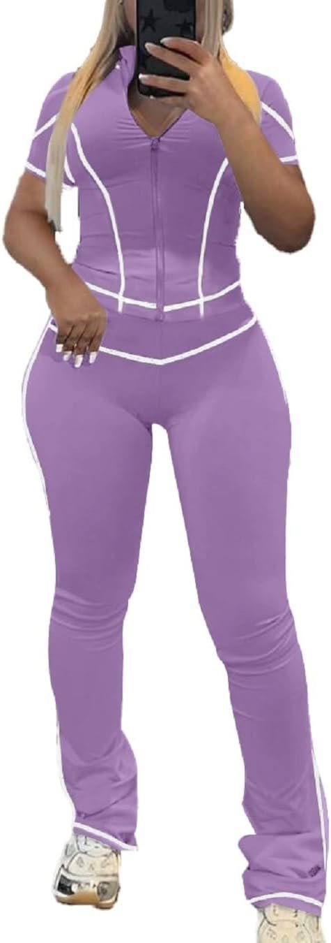 Ulovmi Women’s 2 Piece Outfits Zipper Workout Set Short Sleeve Tracksuit Bodcyon Matching Sweat Pants Sets