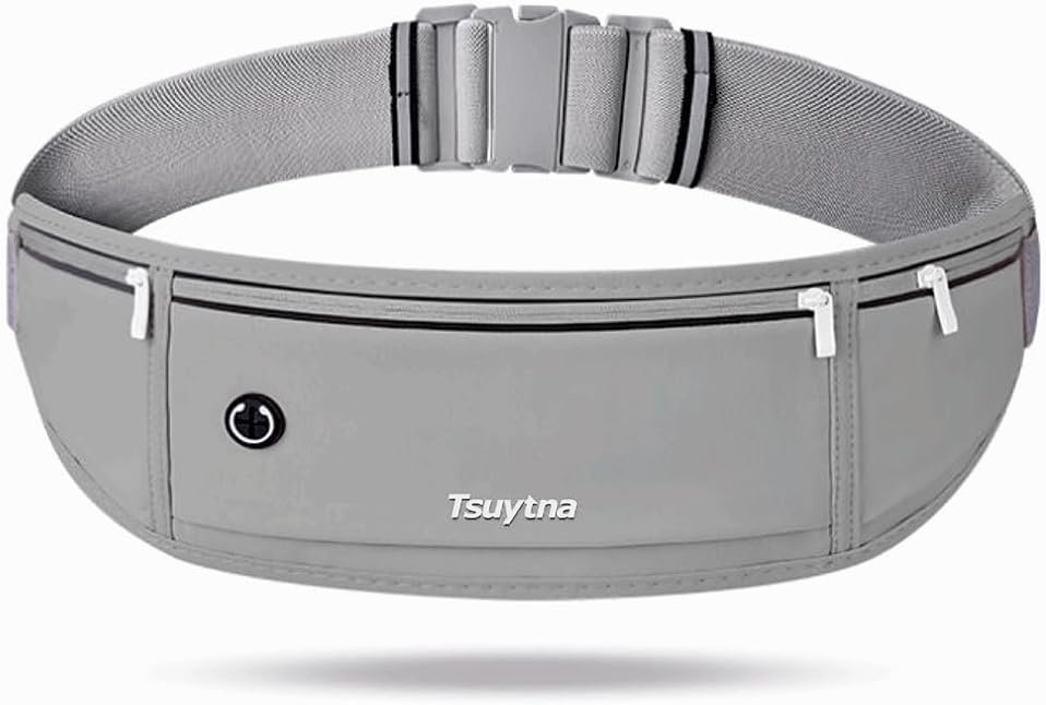 Running Belt for Women & Men – Slim Phone running belt with Water-Resistant Phone Holder, 3 pockets Adjustable Waist Strap, Reflective Safety Design for Running, Hiking, Travel，Fitness (Grey)
