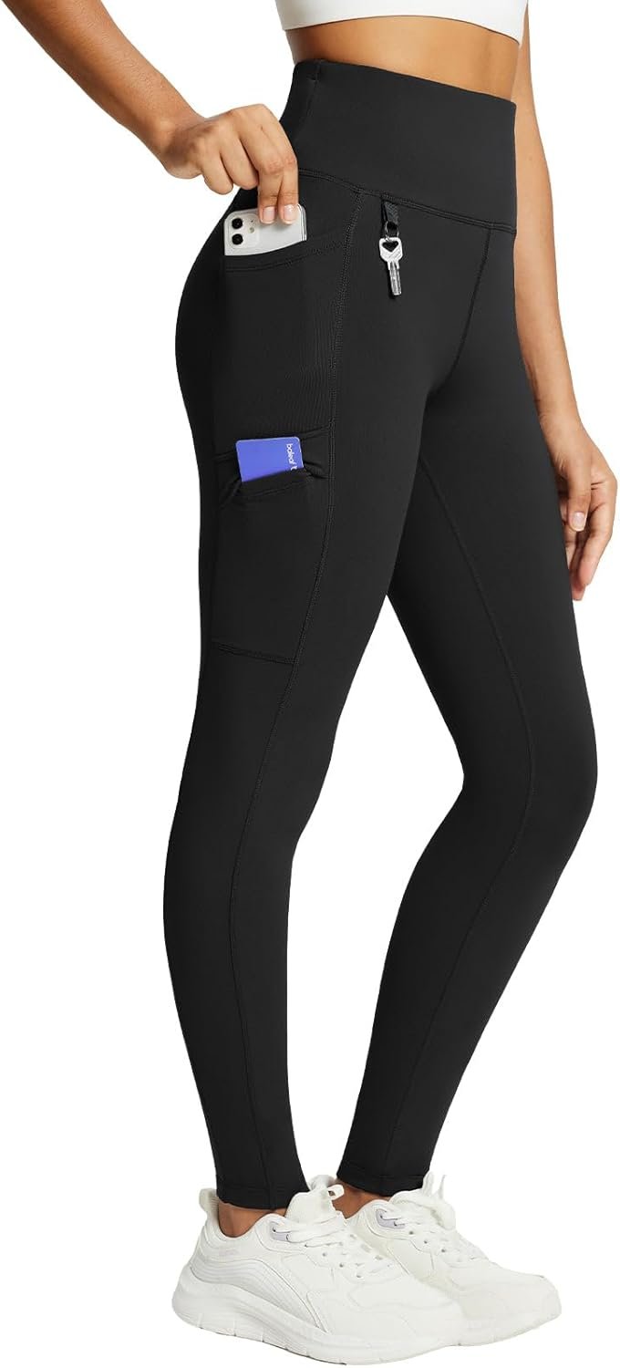 baleaf Women’s Fleece Lined Leggings Waterproof Winter Hiking Pants Thermal Running Tights Zipper Pockets High Waisted