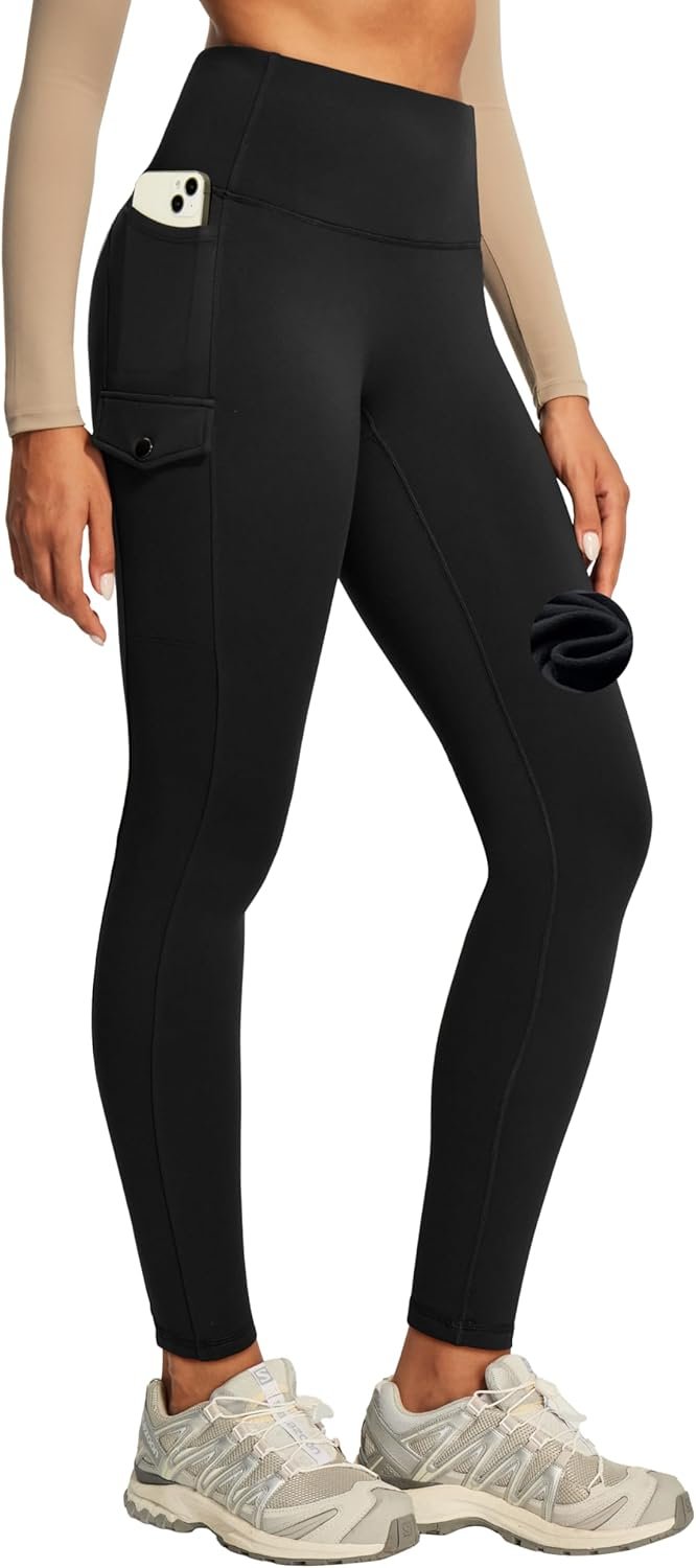 Heathyoga Cargo Fleece Lined Leggings Women Water Resistant Thermal Leggings with Pockets for Women Waterproof Hiking Pants