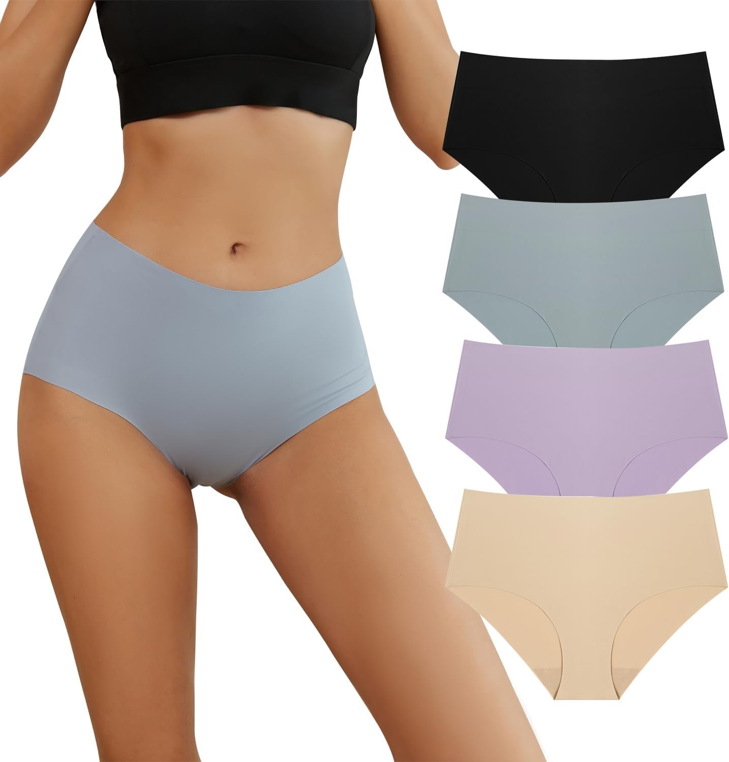 Hlizonn Women’s Seamless Mid Rise Briefs Breathable Ladies No Show Panties Comfortable Stretch Invisible Underwear 4-Pack