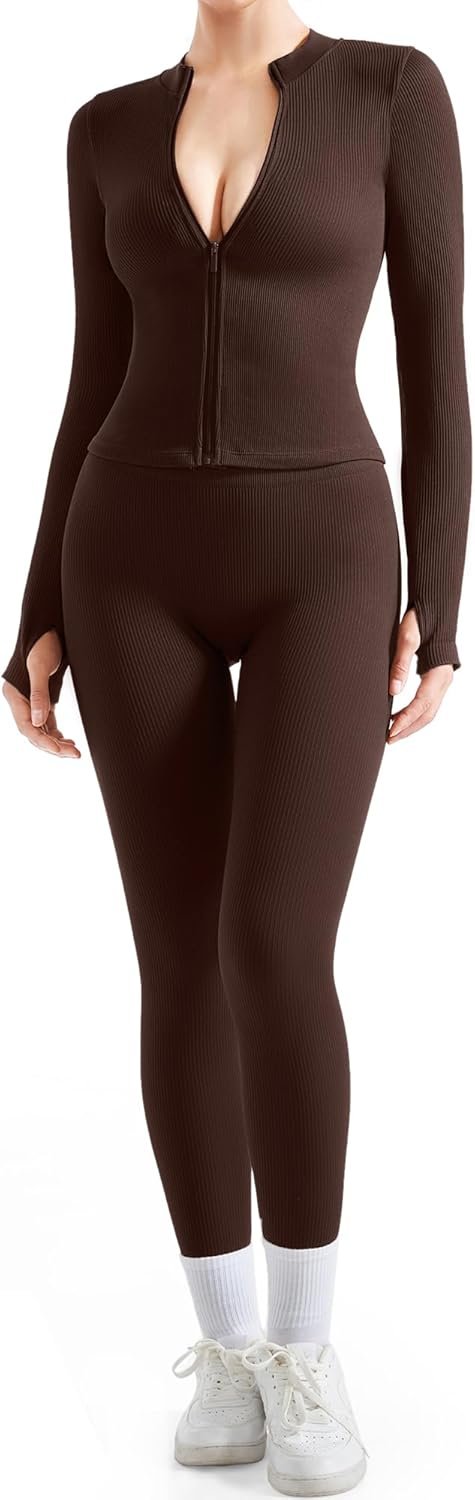 SUUKSESS Women 2 Piece Seamless Ribbed Workout Sets With Zip Up Jacket High Waisted Gym Yoga Leggings
