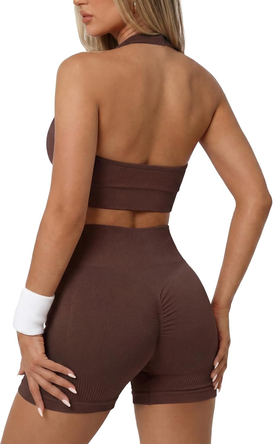Coume Womens 2 Piece Workout Set Halter Sports Bra Booty High Waisted Biker Shorts Seamless Ribbed Yoga Gym Active Outfits