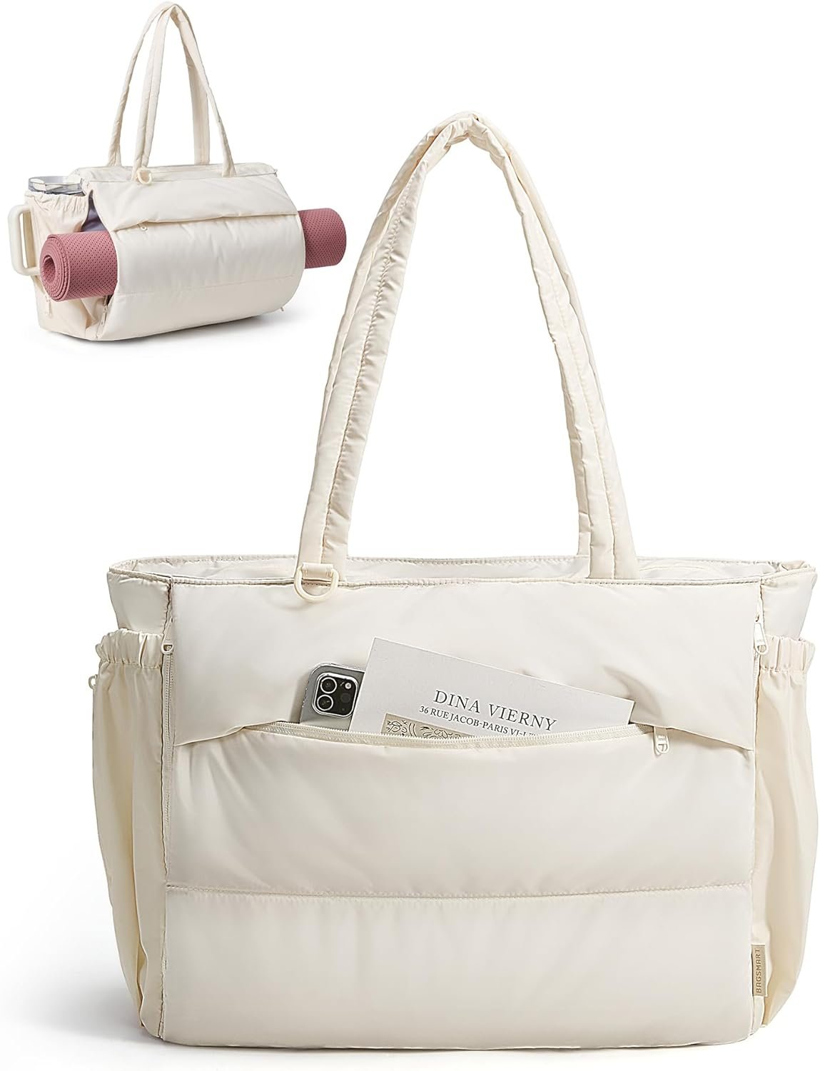 BAGSMART Tote Bag for Women, 22L Puffer Gym Bag for 40oz Tumbler, Work Tote Handbag for Travel Yoga College | Gym tote bag, Hold yoga mat, 40oz tumbler, Racket-friendly, 15.6 Laptop