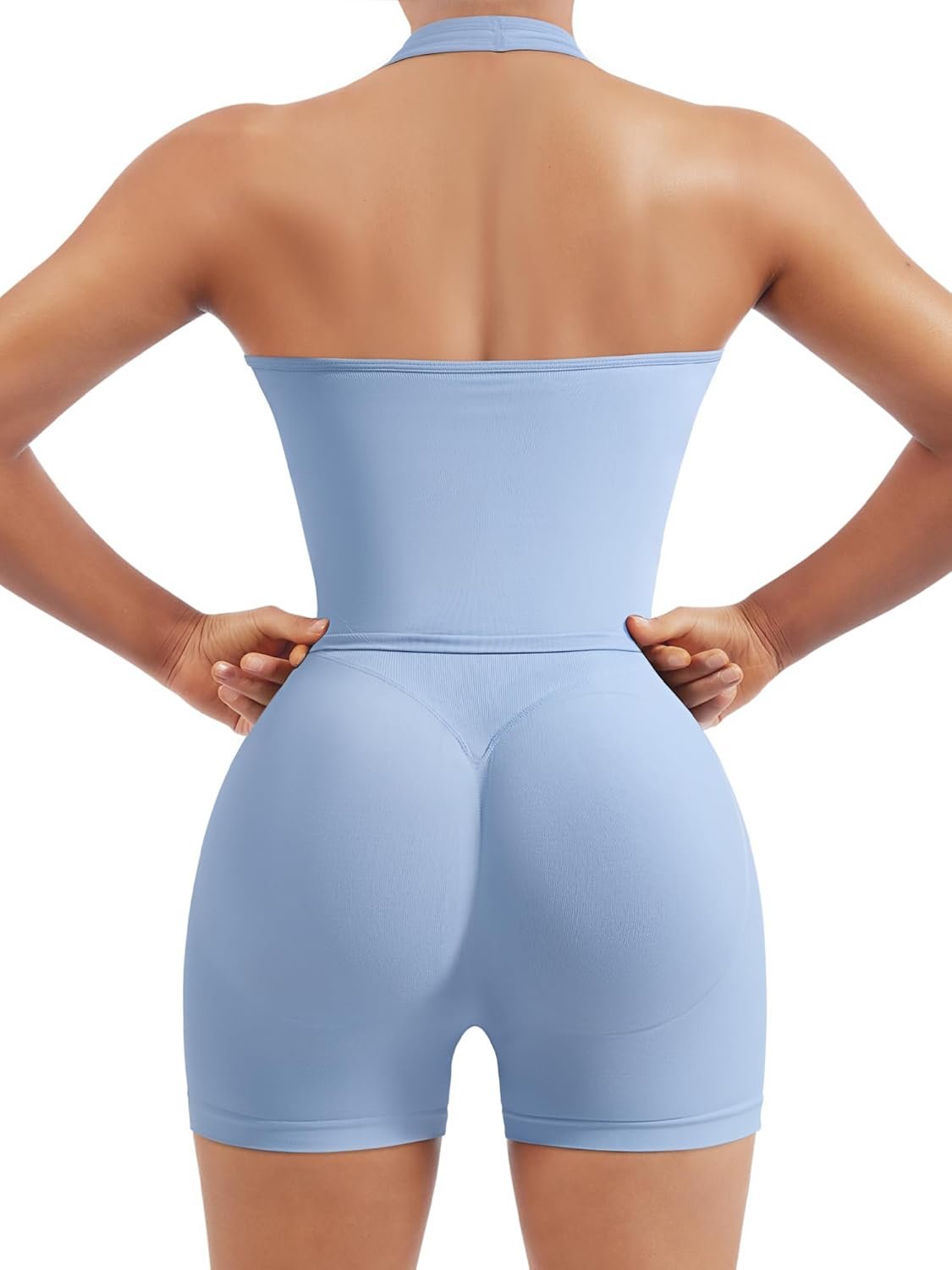 SUUKSESS Womens Seamless 2 Piece Workout Sets Padded Halter Tank Top Gym Sets Tummy Control Biker Shorts for Athletic