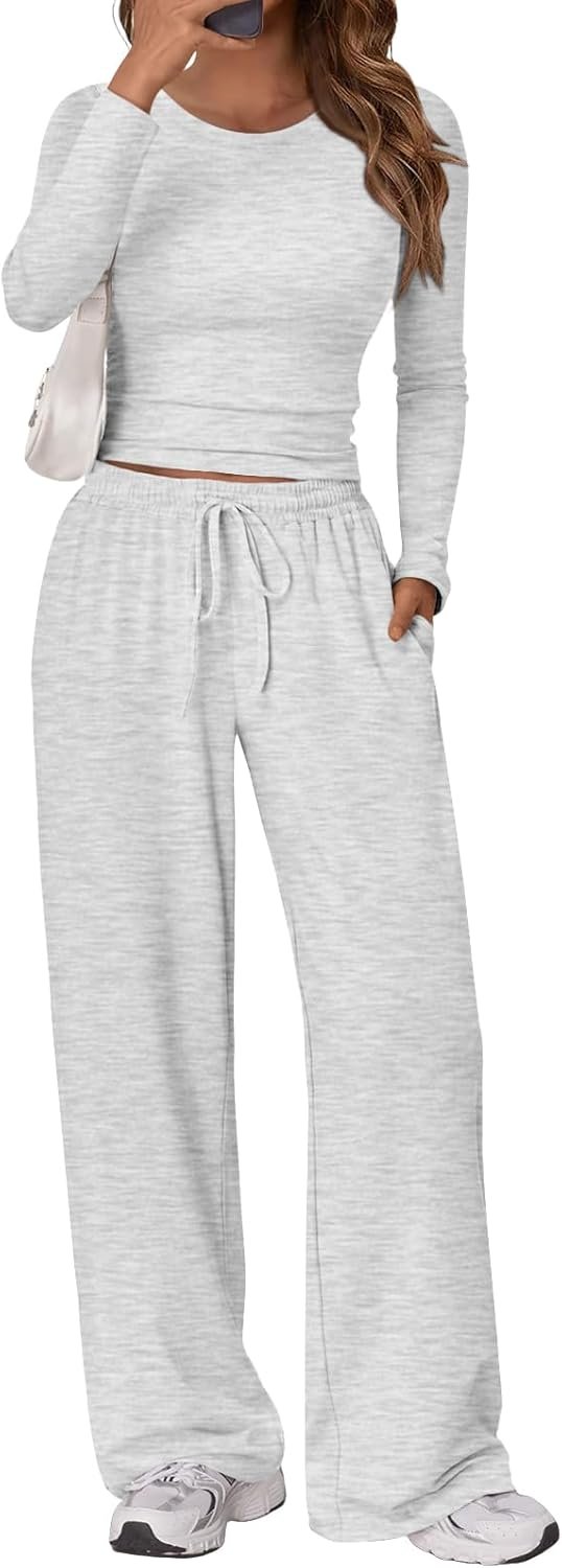 Trendy Queen Women’s 2 Piece Matching Lounge Set Long Sleeve Side Ruching Top Wide Leg Drawstring Pants Set with Pockets