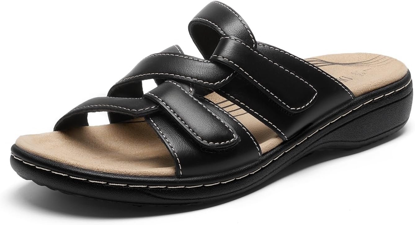DREAM PAIRS Womens Slides Arch Support Slip on Flat Sandals Plantar Fasciitis Soft Cushion Slippers With Adjustable Straps