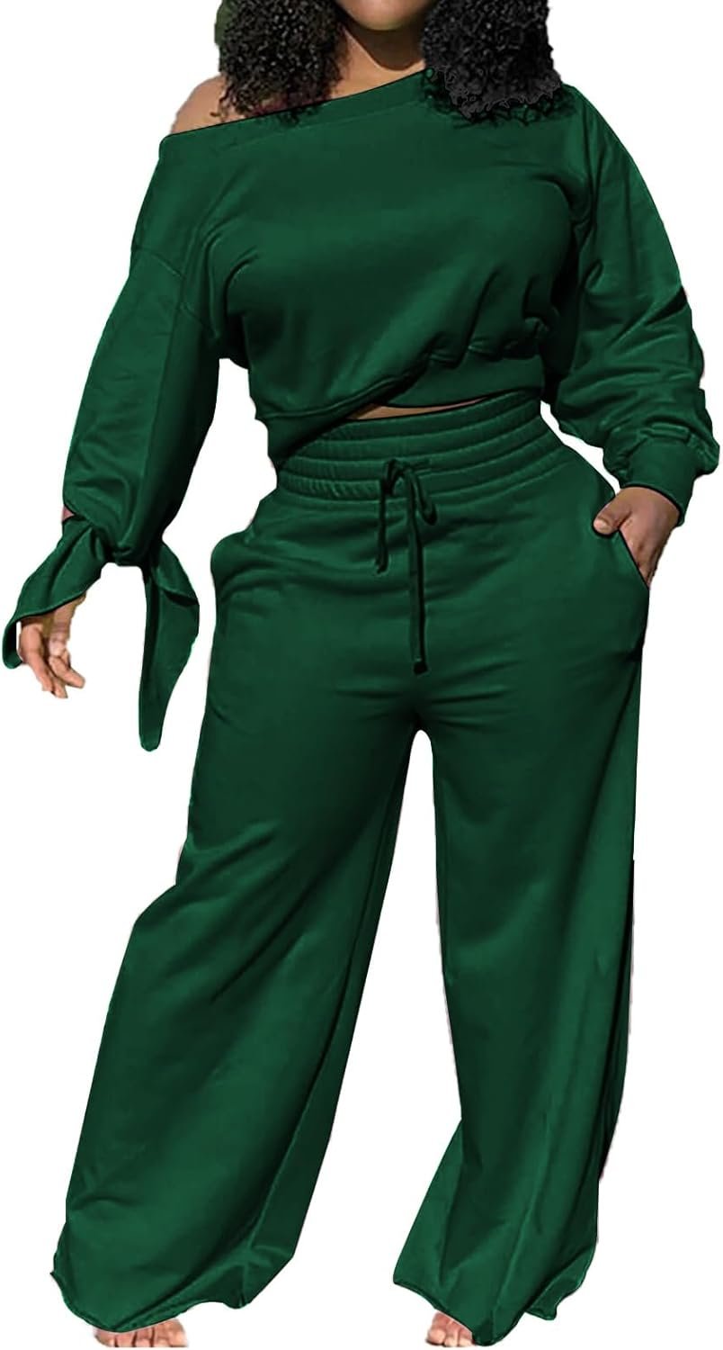 sexycherry Casual 2 Piece Outfits for Women Long Sleeve Sweatsuit Jogging Straight Long Pants Sets with Pockets