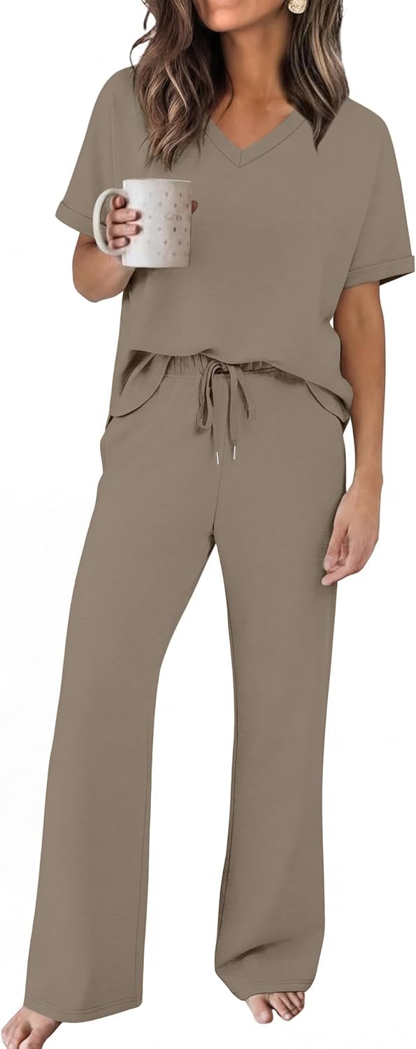 Sampeel Lounge Sets for Women V Neck Turn-UP Sleeves Tops Wide Leg Pants 2 Piece Sets Oversized Summer Vacation Outfits 2026