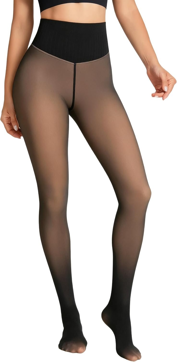 Apriddeo Women’s Fake Sheer Thermal Tights – One-Seam Fleece Lined Leggings with Tummy Control & Butt Lifting