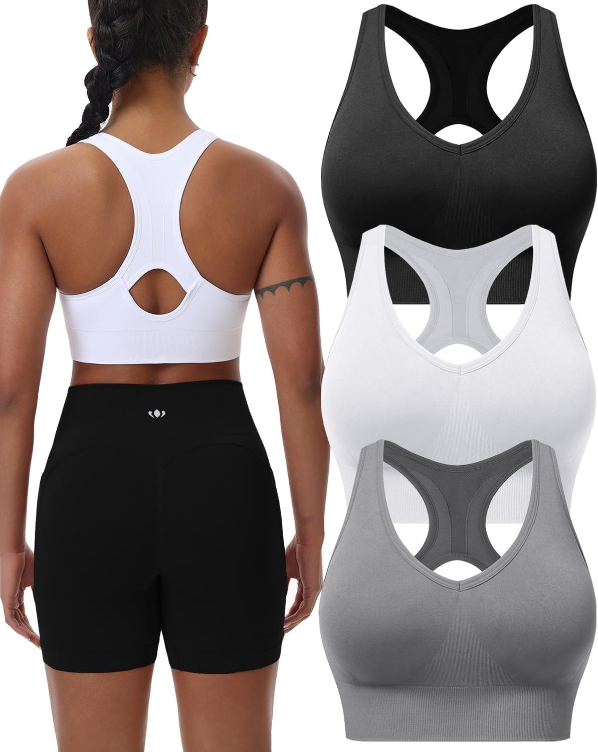 BLUELILY Women’s Sports Bras 3 Pack Racerback Medium Support Bras V-Neck Padded Workout Seamless Yoga Athletic Bras