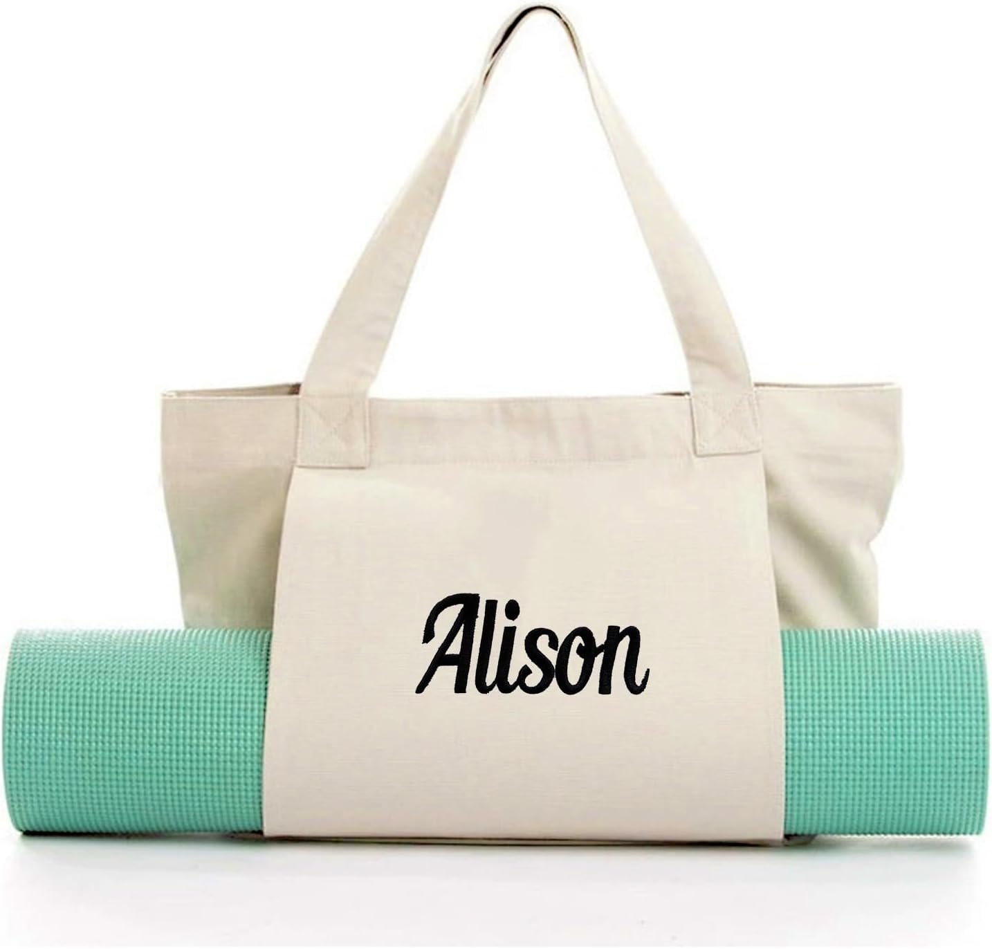 Personalized Yoga Mat Bag for Women – Large Canvas Tote with Carrier Pocket for Gym, Travel, Pilates & Beach – Customizable Embroidery Name Gift