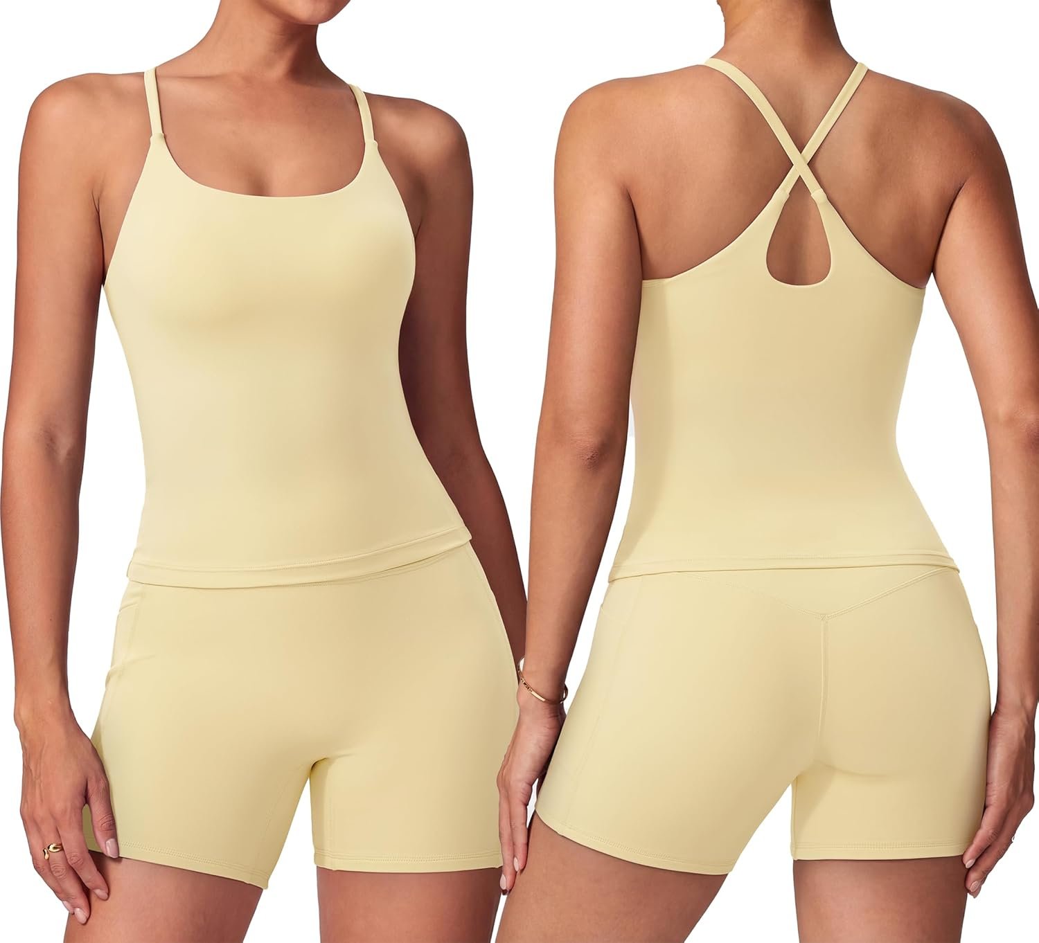 SUUKSESS Women 2 Piece Workout Sets Padded Gym Yoga Tank Top High Waisted Biker Shorts with Pockets