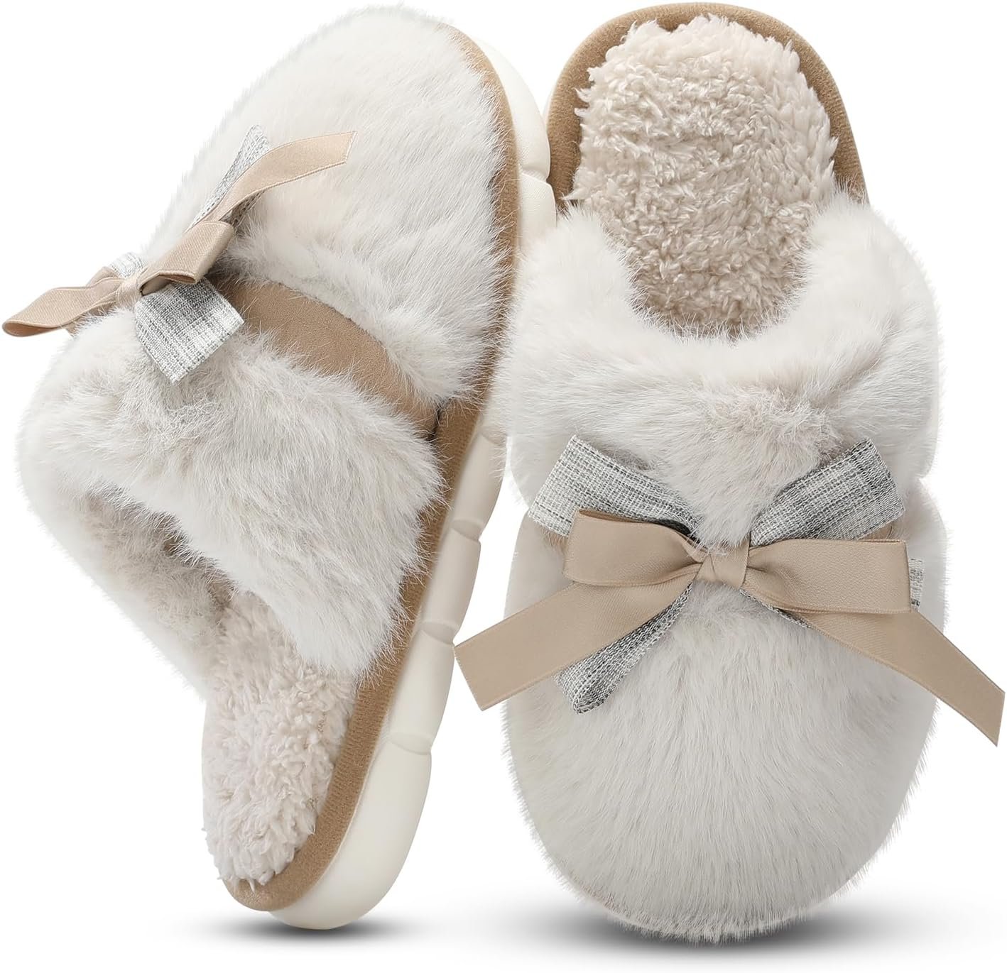 GOEWY Cute Women’s Memory Foam House Slippers – Fuzzy Plush Faux Fur Slippers with Bow Butterfly Tie – Anti-Skid Indoor/Outdoor Gifts for Women, Moms & Ladies