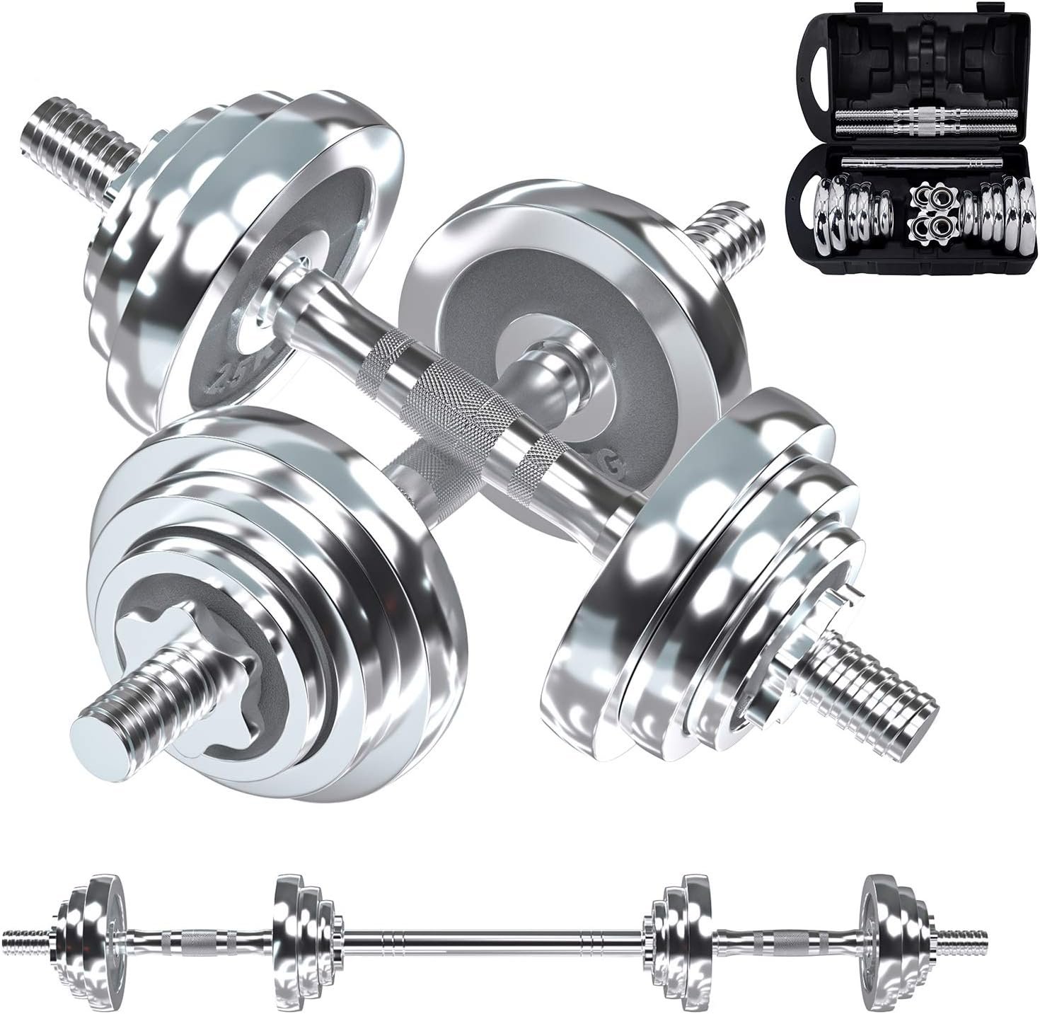 VIVITORY Fitness Dumbbells Set, Adjustable Weight Sets up to 11/22/44/66/100 lbs, with Metal Connecting Rod Used As Barbell, Chromed Weights, Hardcover Gift Box, Home Gym Work Out Training Equipment