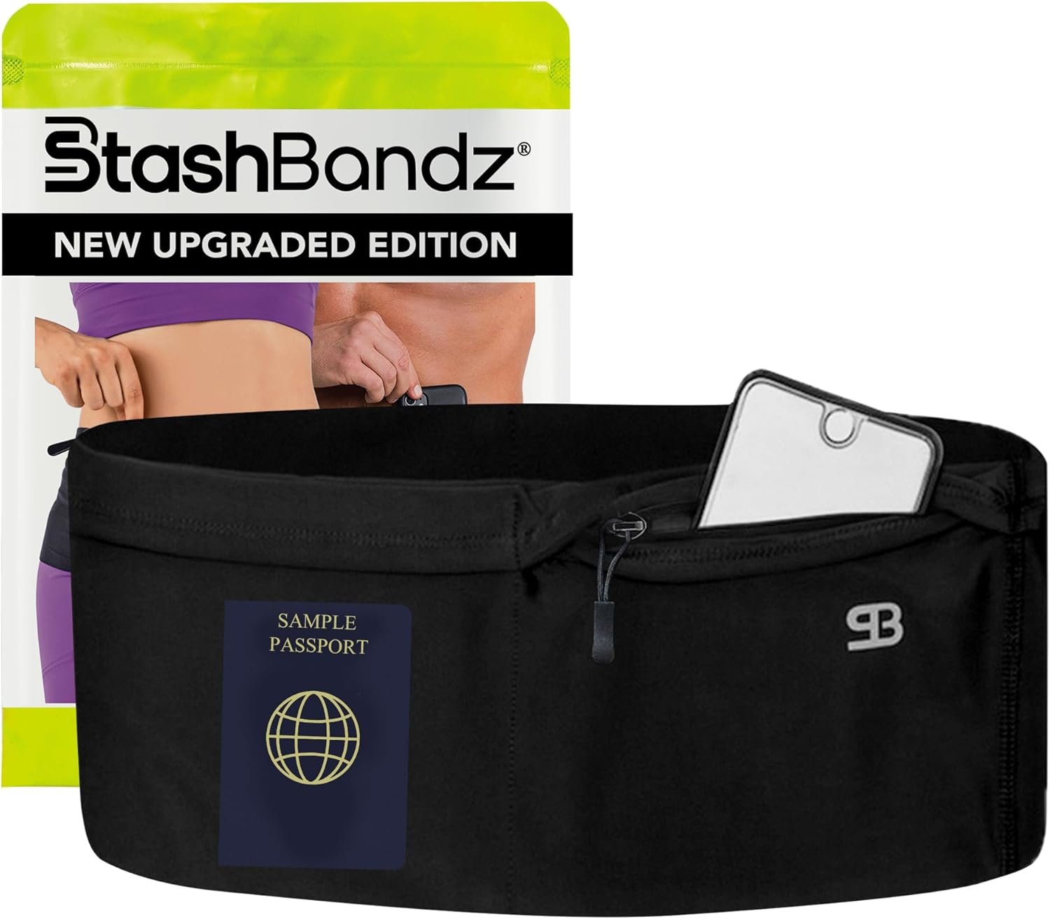 StashBandz No-Bounce Running Belt for Women & Men – Phone Holder Fits All Phones, 4-Pocket Slim Fanny Pack with Zipper – Travel Money Belt Waist Pack for Running & Workout