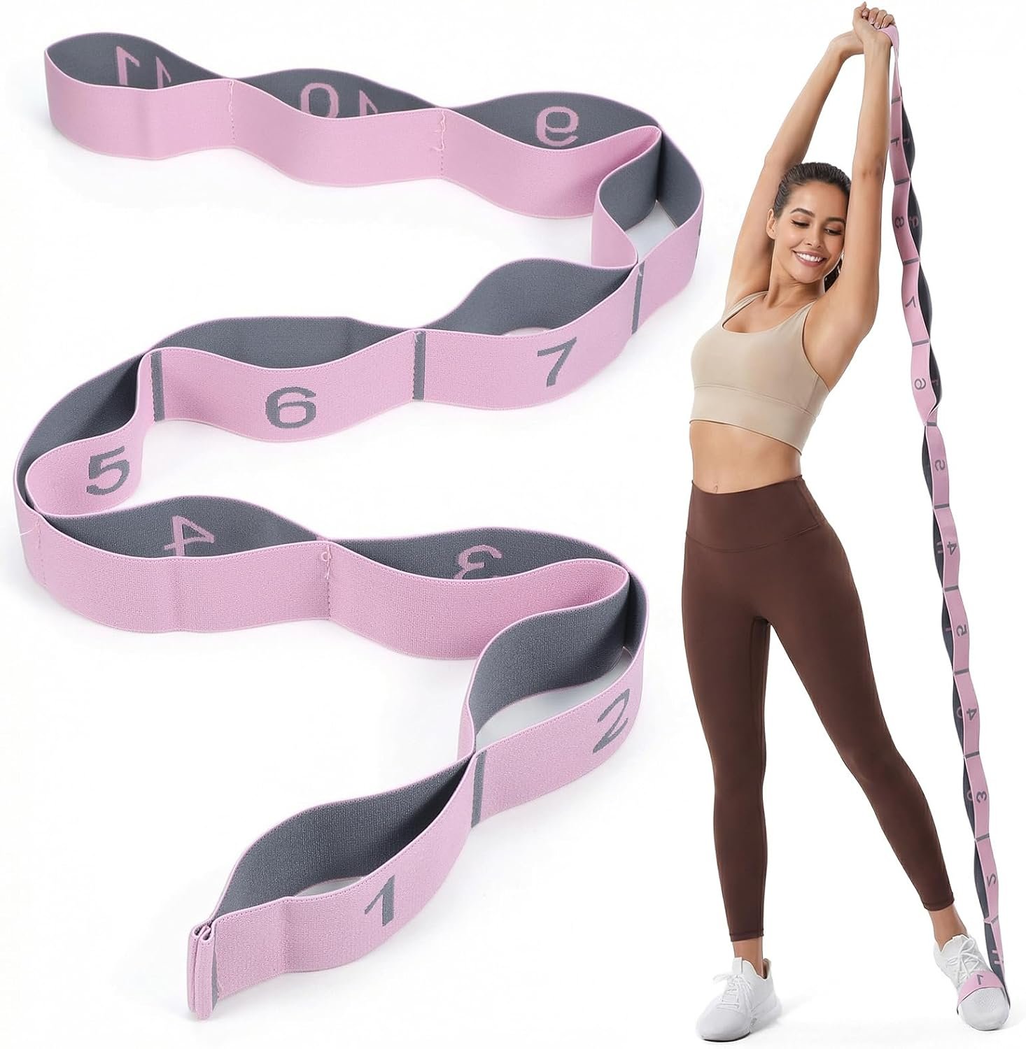 11 Loops Stretch Band, Pink Stretch Strap, Multi-Section Resistance Loop Bands for Yoga, Stretching Bands for Dance, Ballet, Pilates, and Fitness, Yoga Resistance Band for Stretching and Exercising