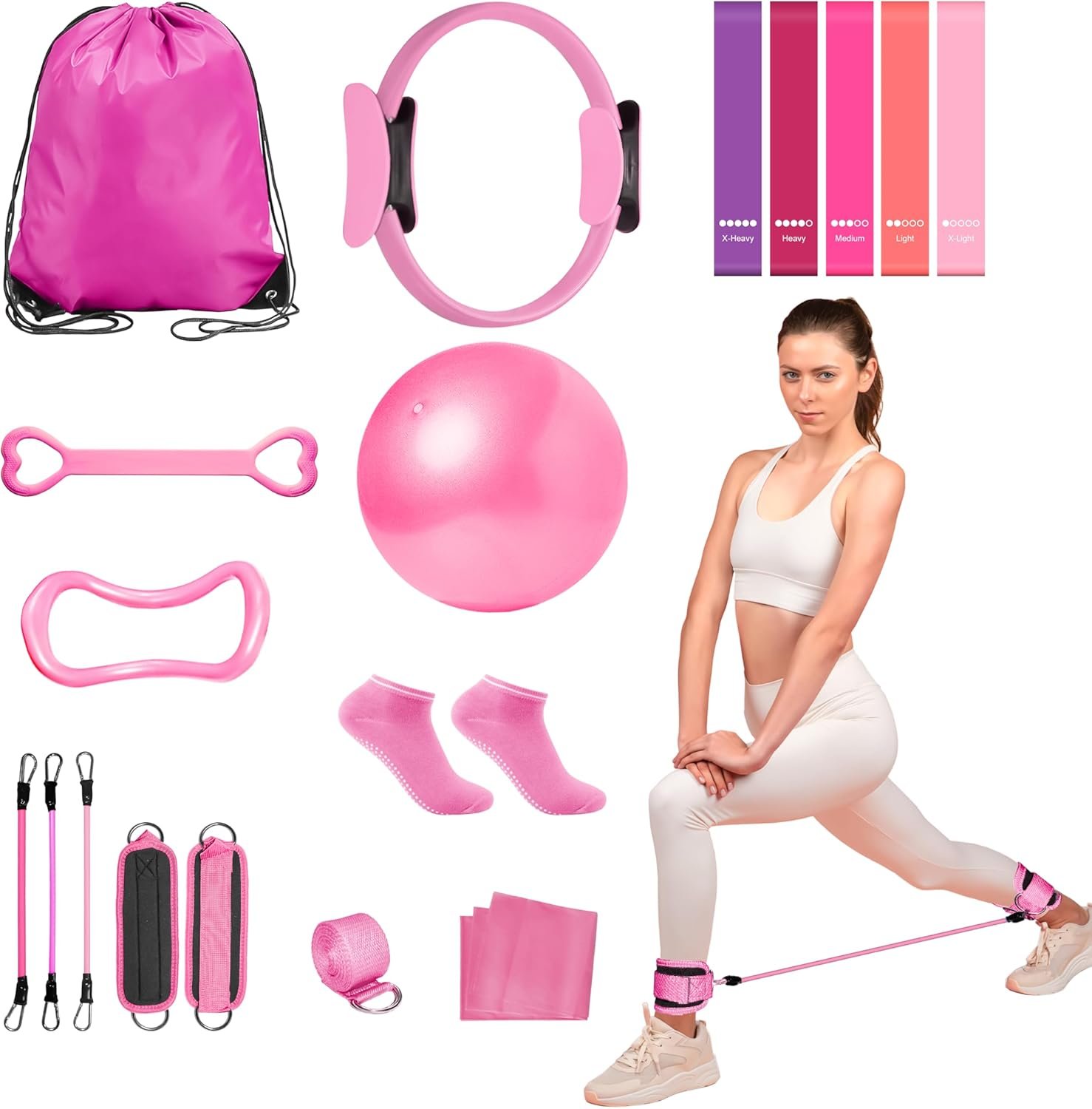 Home Pilates Essentials Kit for Women: 18Pcs Pilates Workout Equipment Set with Pilates Ring, Yoga Ball, Resistance Band, Pilates Fitness Set for Legs Arms, Gym Back Bag, Anti Slip Socks