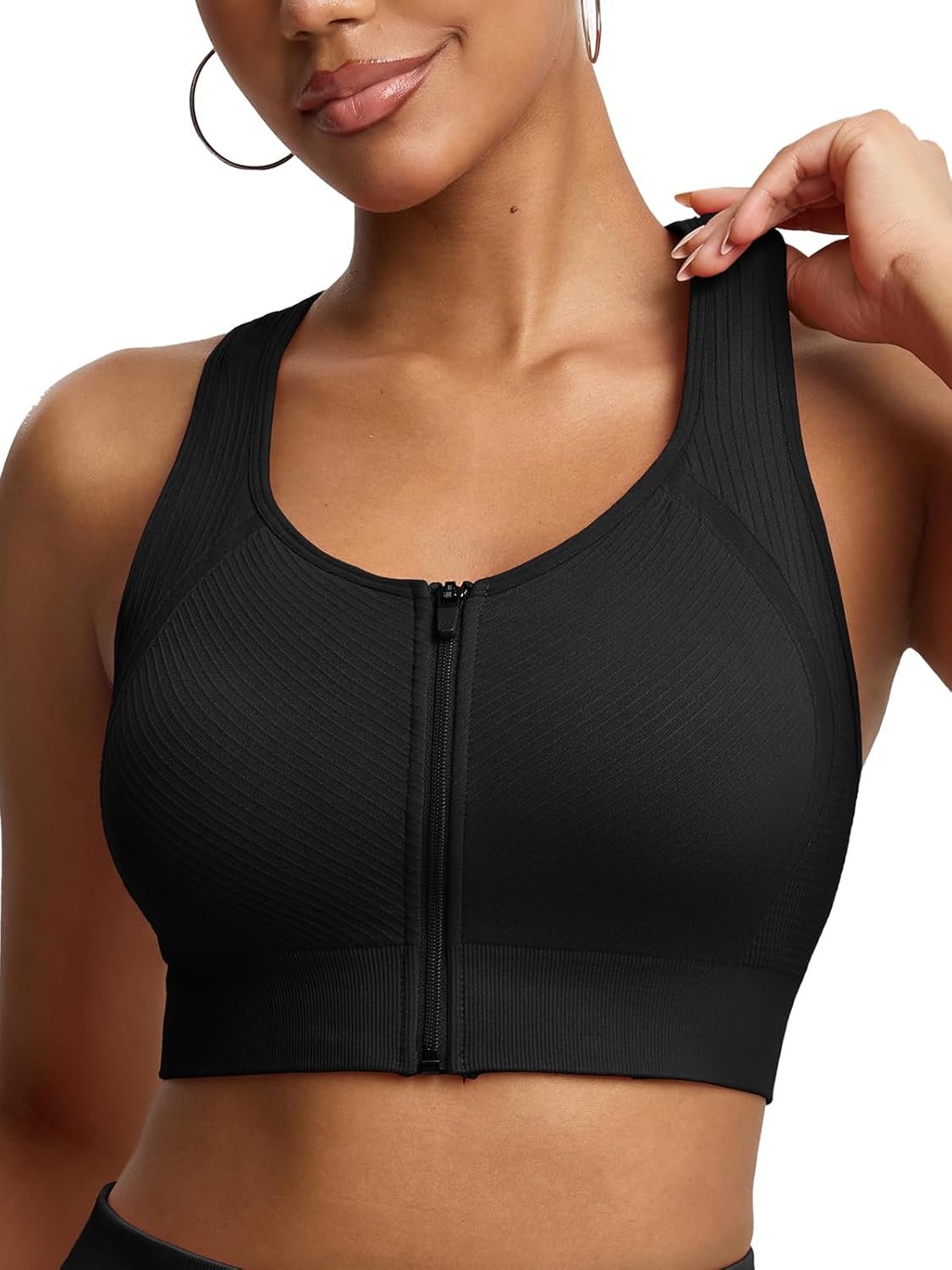BRXL Front Zip Sprorts Bra Seamless Sewn in Pads Racerback Wide Straps Medium Impact for Running Yoga Gym