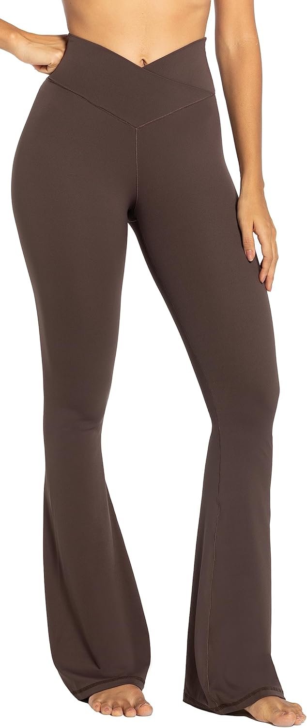 Sunzel Flare Leggings, Crossover Yoga Pants for Women with Tummy Control, High-Waisted and Wide Leg Seal Brown