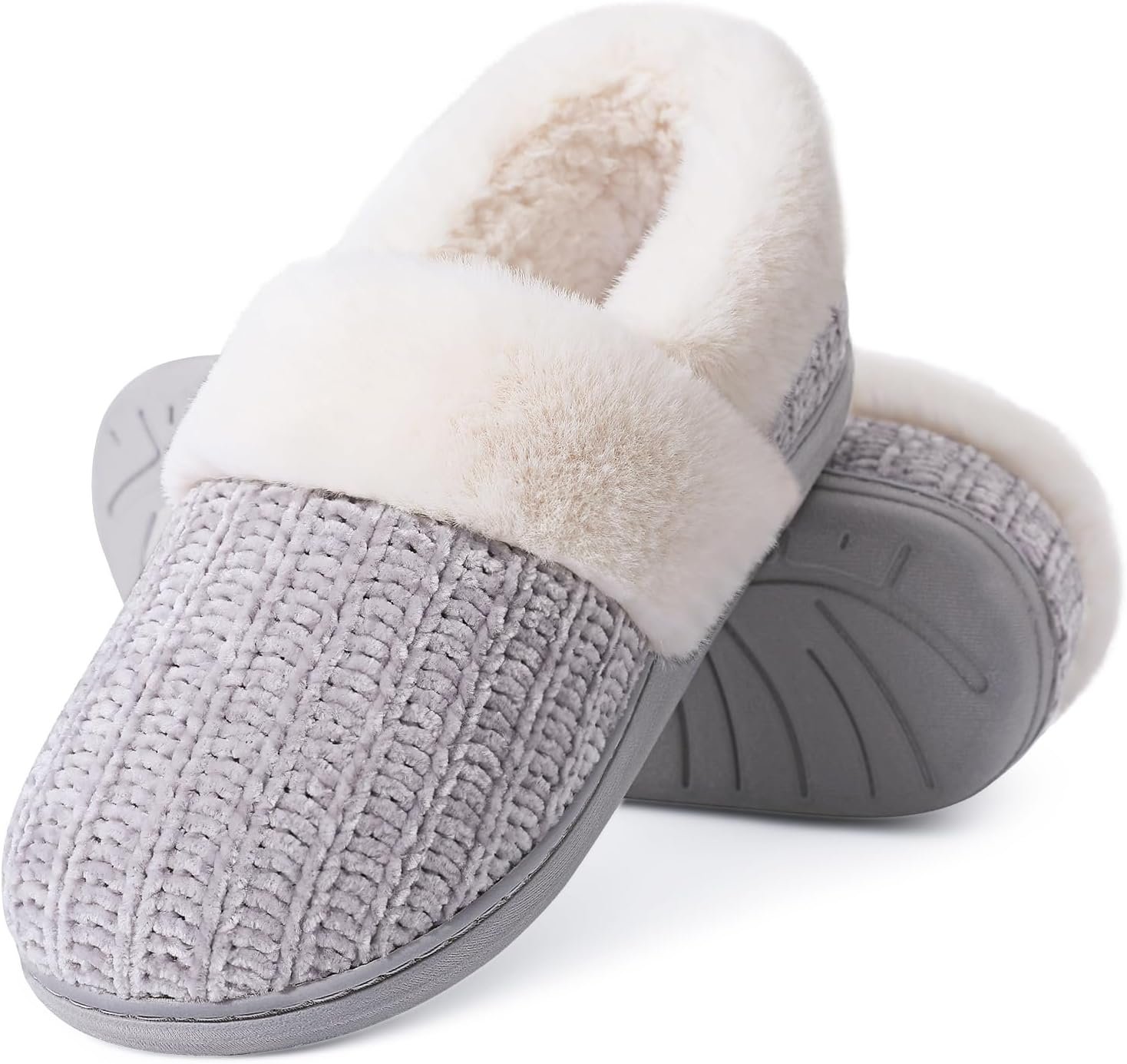 Evshine Women’s Fuzzy Memory Foam Slippers, Closed Back Knit Bedroom Slippers, Slip-On Warm House Shoes for Indoor & Outdoor Comfort