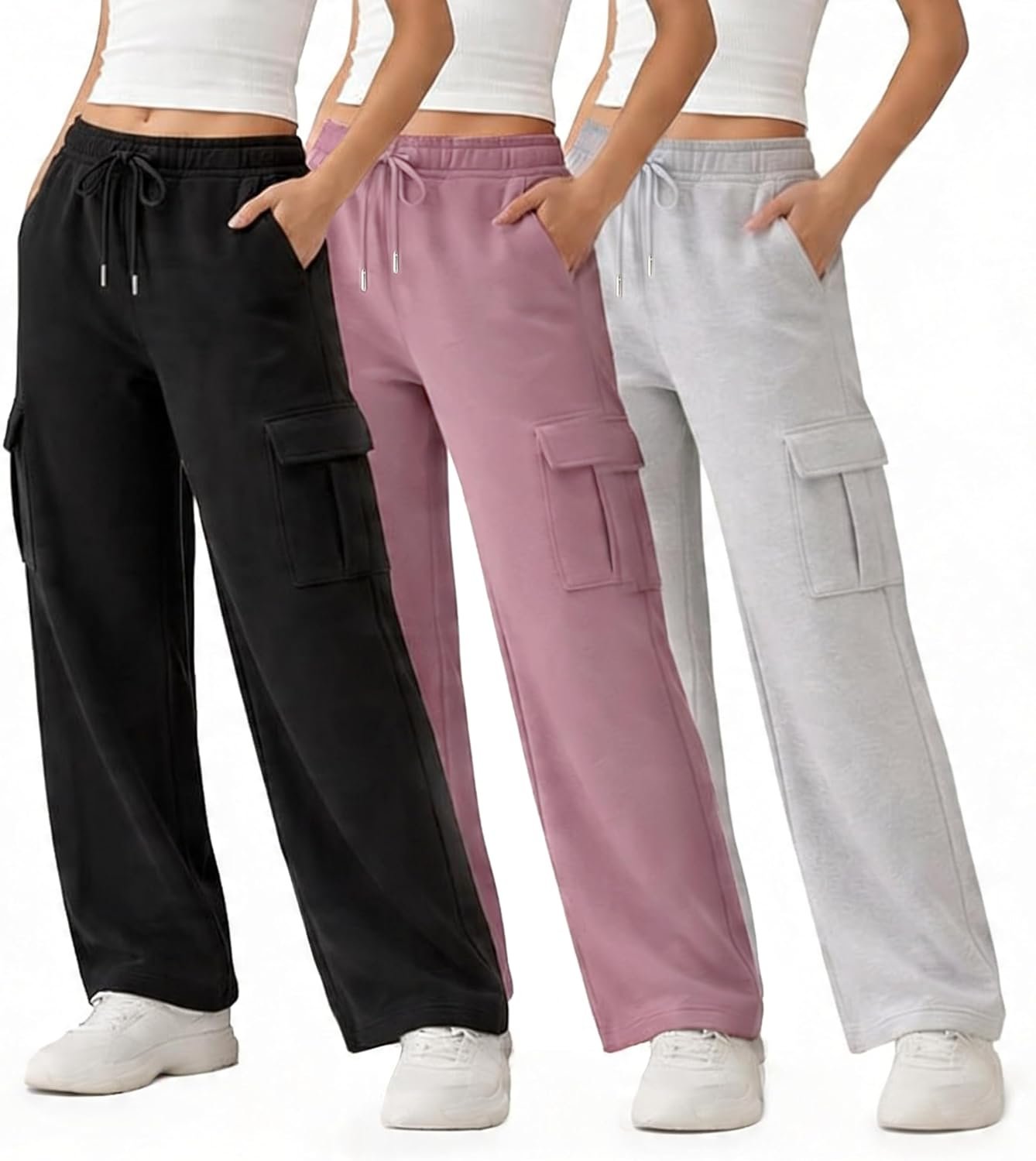 Common Stitch 3 Pack Sweatpants Women, Wide Leg Cargo Womens Sweatpants, Wide Leg Pants with Pockets (Available in Plus)