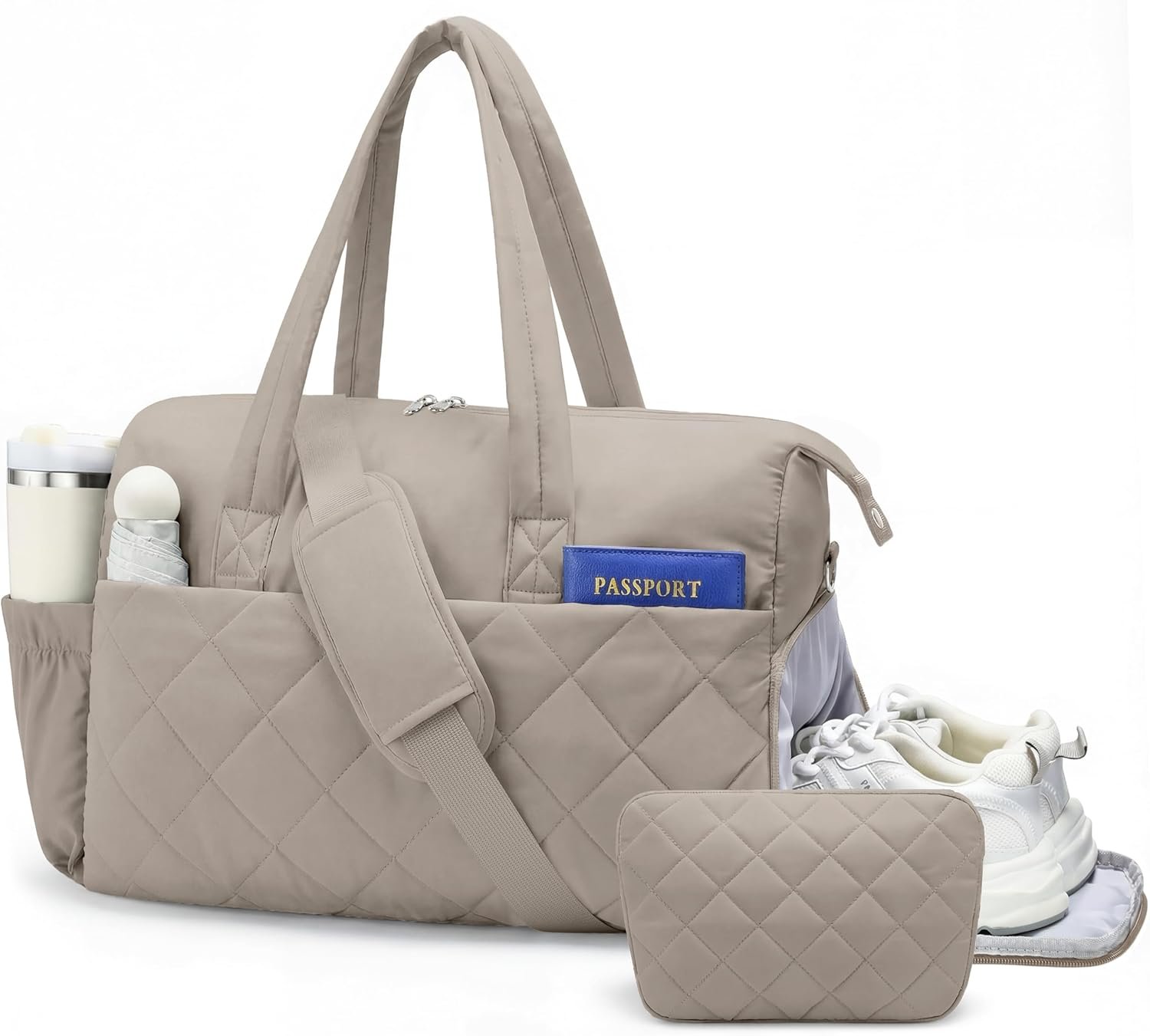 Gym Bag for Women with Shoe Compartment, 2-PC Lightweight Puffer Weekender Duffle with Wet Pocket, Quilted Carry on Travel Bag for Overnight Dance Hospital, Water Resistant, Camel