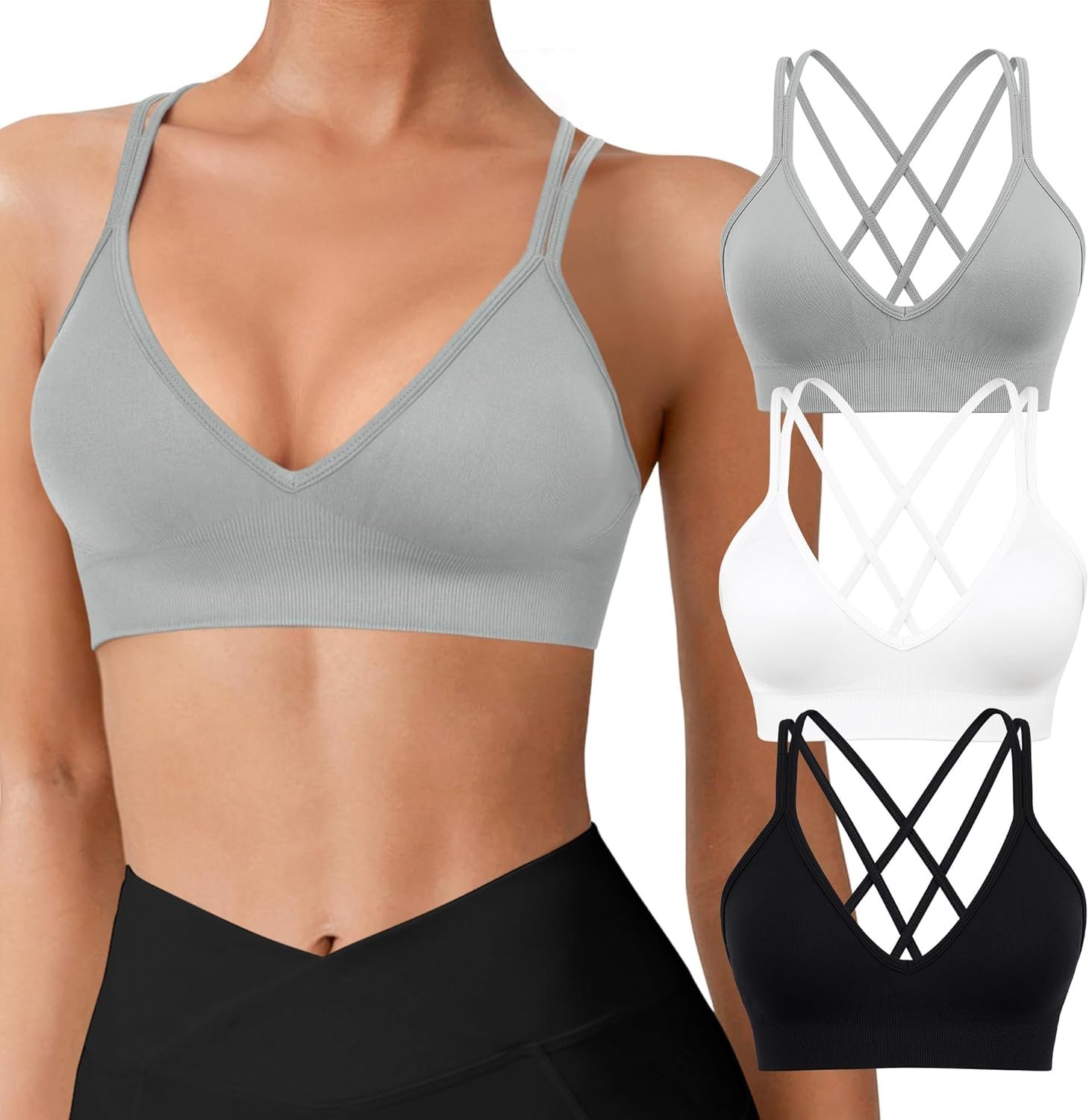 VEQKING Seamless V-Neck Women Sports Bras, Padded Cross Back Wireless Low Impact Workout Yoga Bras for Small Chests, 3 Pack