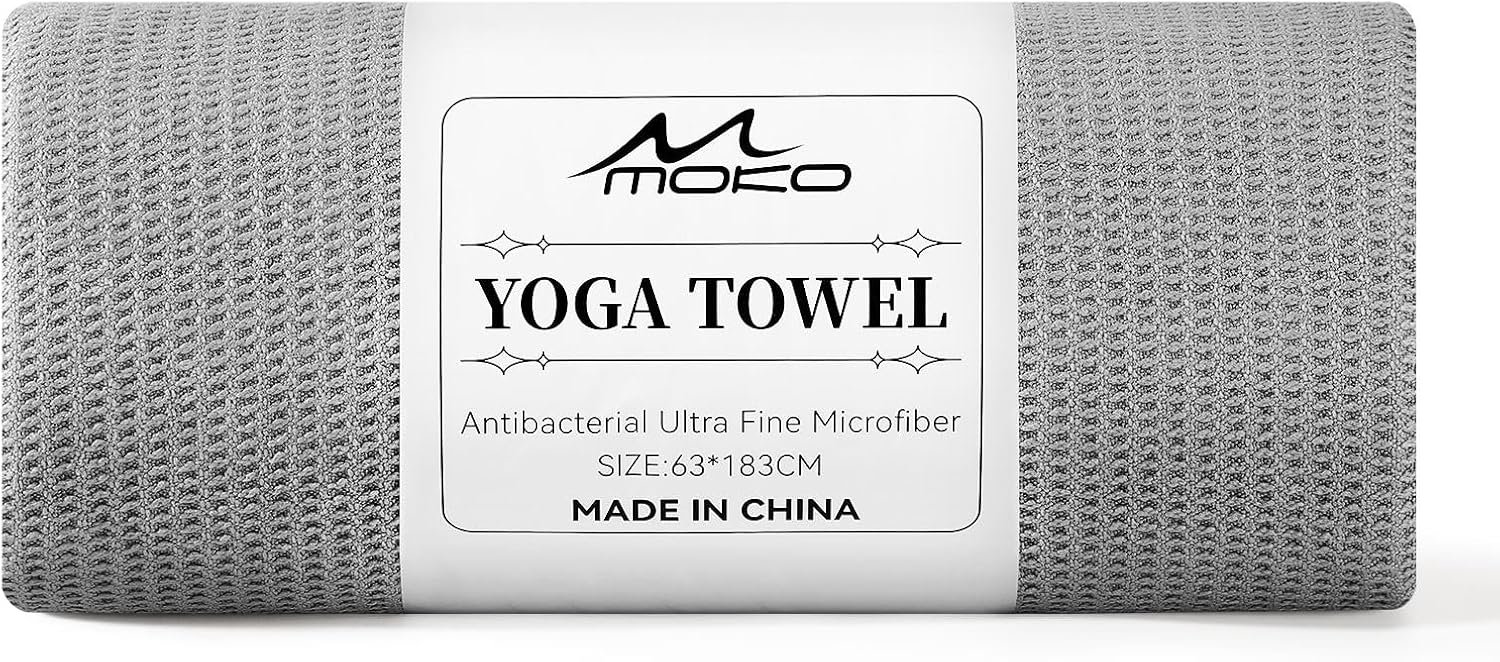 MoKo Hot Yoga Towel, Non-Slip Yoga Mat Towel with Grip Dots, 74.4″×27.3″ Yoga Mat Cover for Pilates, Fitness, Meditation, Swimming Pool, Beach, Travel Yoga Mat with Corner Pockets, Gray
