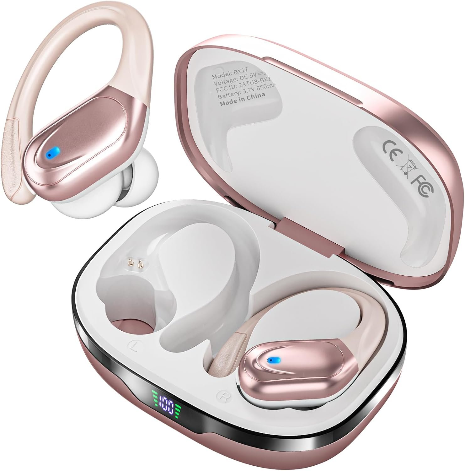 HAOYUYAN Sports Bluetooth Headphones, 80Hrs Playtime Wireless Earbuds with LED Power Display, IPX7 Waterproof Earphones for Workout/Running, Noise Canceling Headset Ear Buds（Rose Gold）