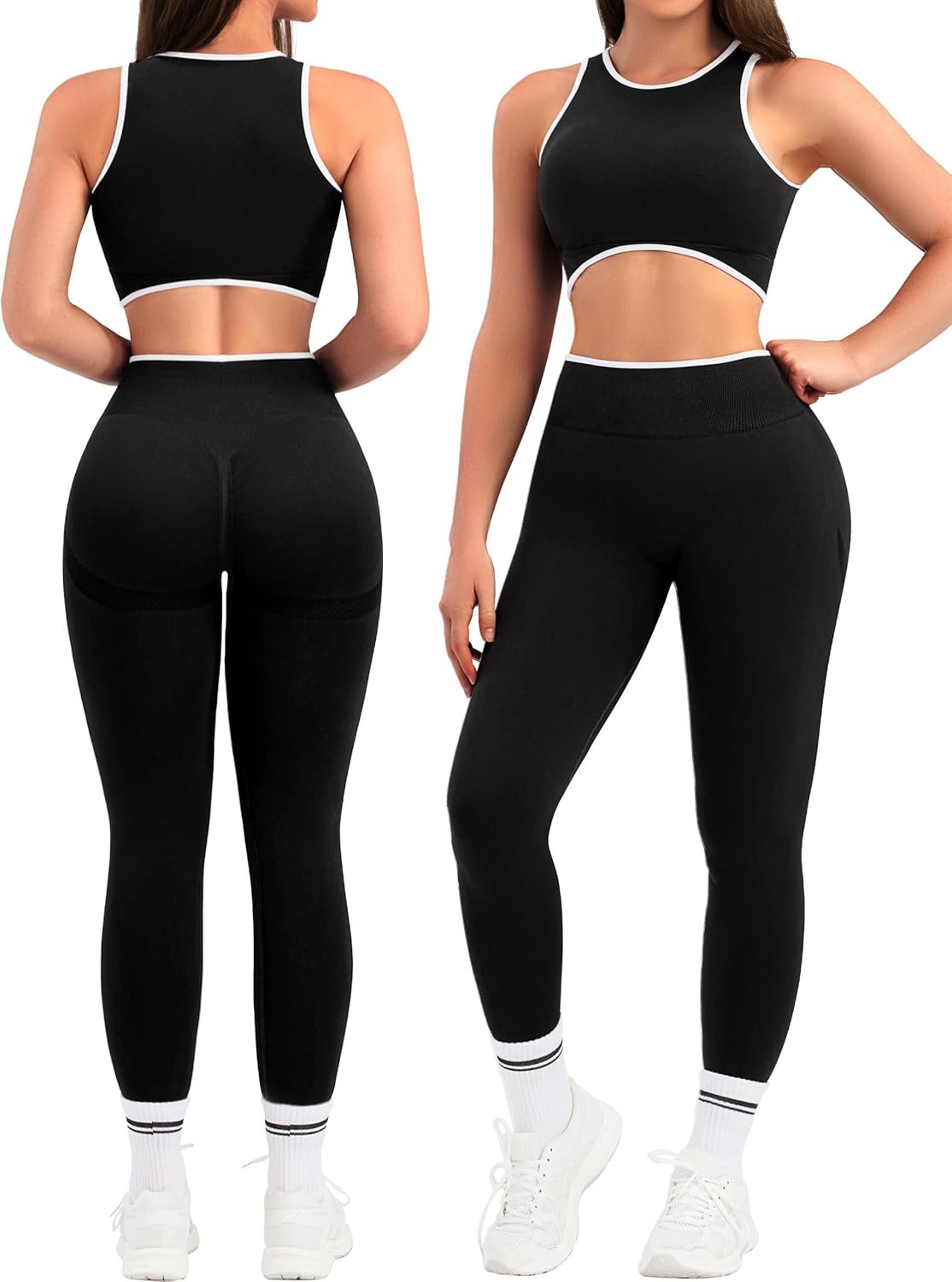 Relety Womens Workout Sets 2 Piece Seamless Crop Tank Top High Waist Leggings Contrast Trim Padded Racerback Bra Yoga Outfits