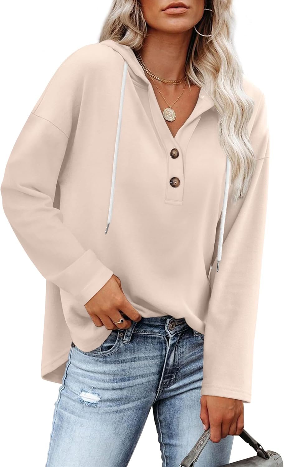 RUMIA Womens Tops V Neck Button Sweatshirt for Women Pullover Long SLeeve Shirts Fall Outfits 2025 Loose Fit S-3XL