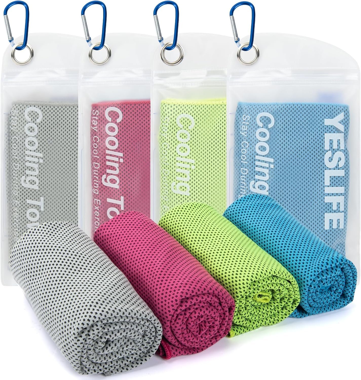 YESLIFE 4 Pack Cooling Towels 40″x12″, Gym Towels for Men and Women, Soft Breathable Workout Towels for Yoga, Running, Sport, Workout, Camping, Fitness & More (Blue, Grey, Green, Pink)