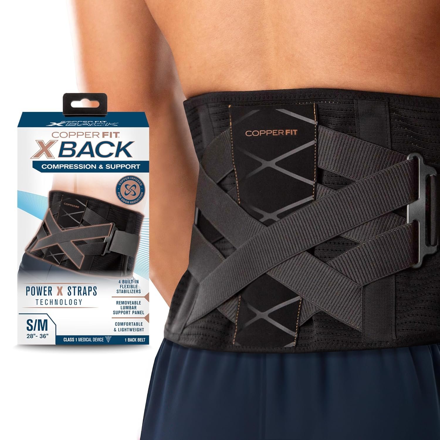 Copper Fit X-Back Brace for Lower Back Pain, Lumbar Support, Herniated Disc, Sciatica, Arthritis – Adjustable, Breathable Design – for Men and Women (Small/Medium)