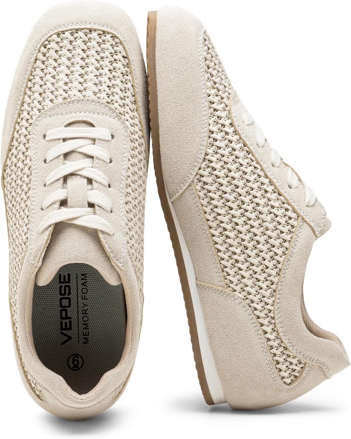 Vepose Women’s Fashion Sneakers, Lightweight Breathable Mesh Tennis Shoes, 8206 Casual Suede Woven Raffia Square Toe Lace Up Retro Trainers, Everyday Walking Travel Work
