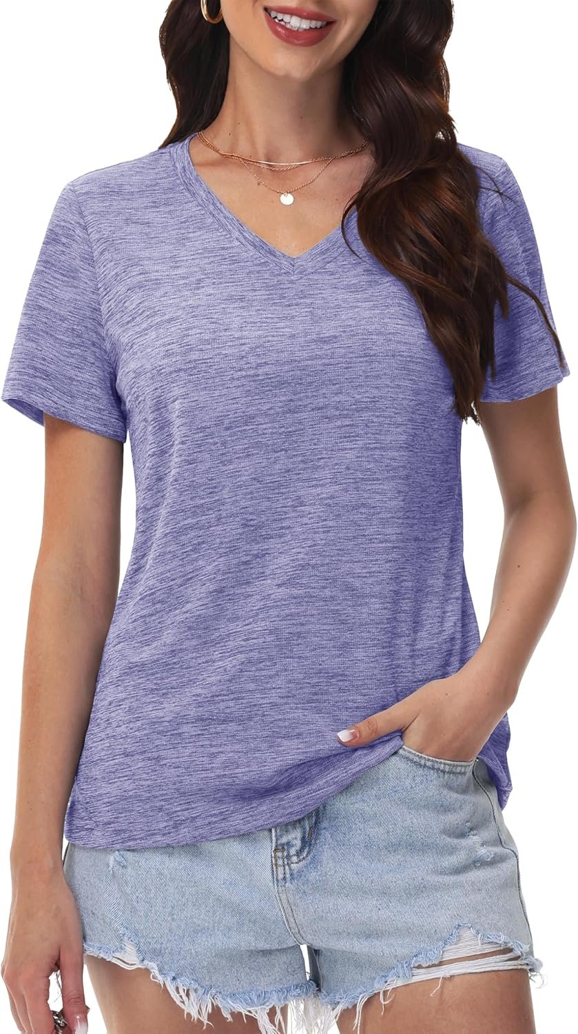 MAGCOMSEN Workout Tops for Women UPF 50+ Quick Dry Short Sleeve Sun Protection V-Neck Shirts Lightweight Hiking T Shirts