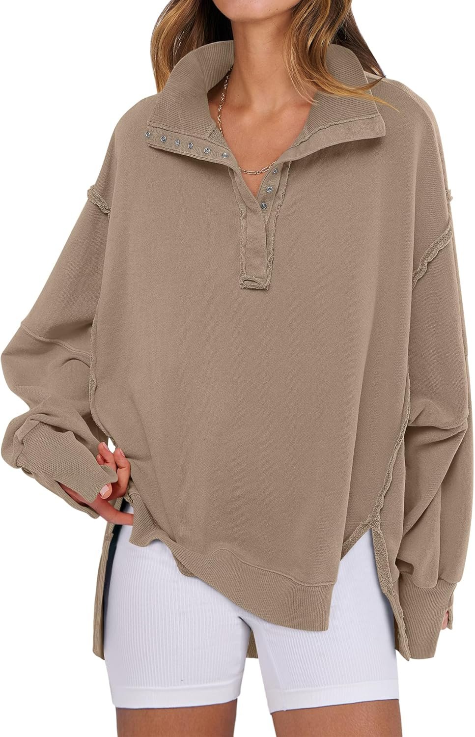 ANRABESS Women’s Sweatshirts Oversized Casual Loose Button Up Henley Pullover Top High Low Split 2025 Fall Fashion Outfits