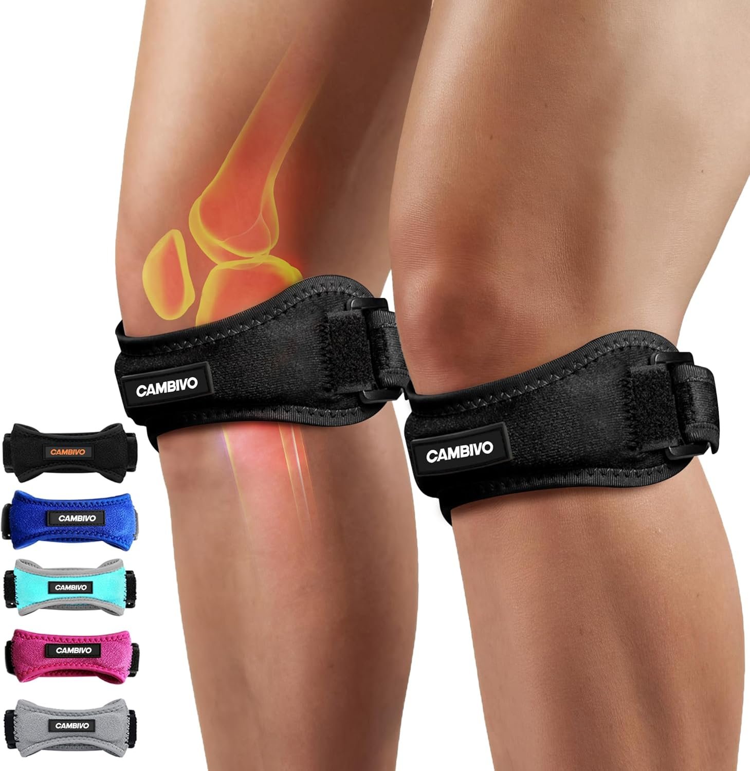 CAMBIVO Patellar Tendon Knee Straps 2 Pack with Extra Straps, Knee Brace for Women & Men, Patella Bands for Pain Relief, Osgood Schlatter, Runner’s Knee, Jumper’s Knee, Running, Basketball, Hiking