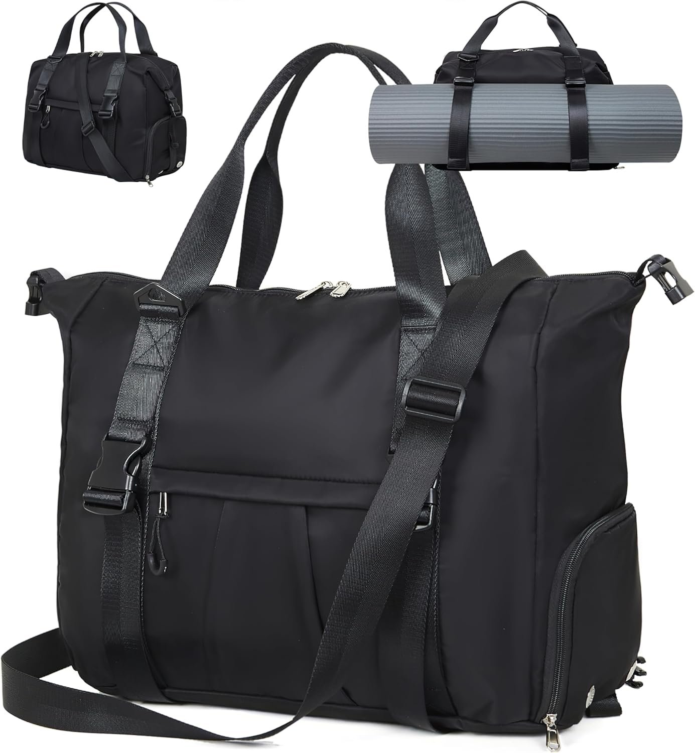 Gym Bag with Yoga Mat Holders, Carry On for Pilates Women & Men with Laptop & Shoe Compartment Large Duffle Travel Weekender Tote with Key Ring Clip Personal Item Workout, Easy to Clean – Black