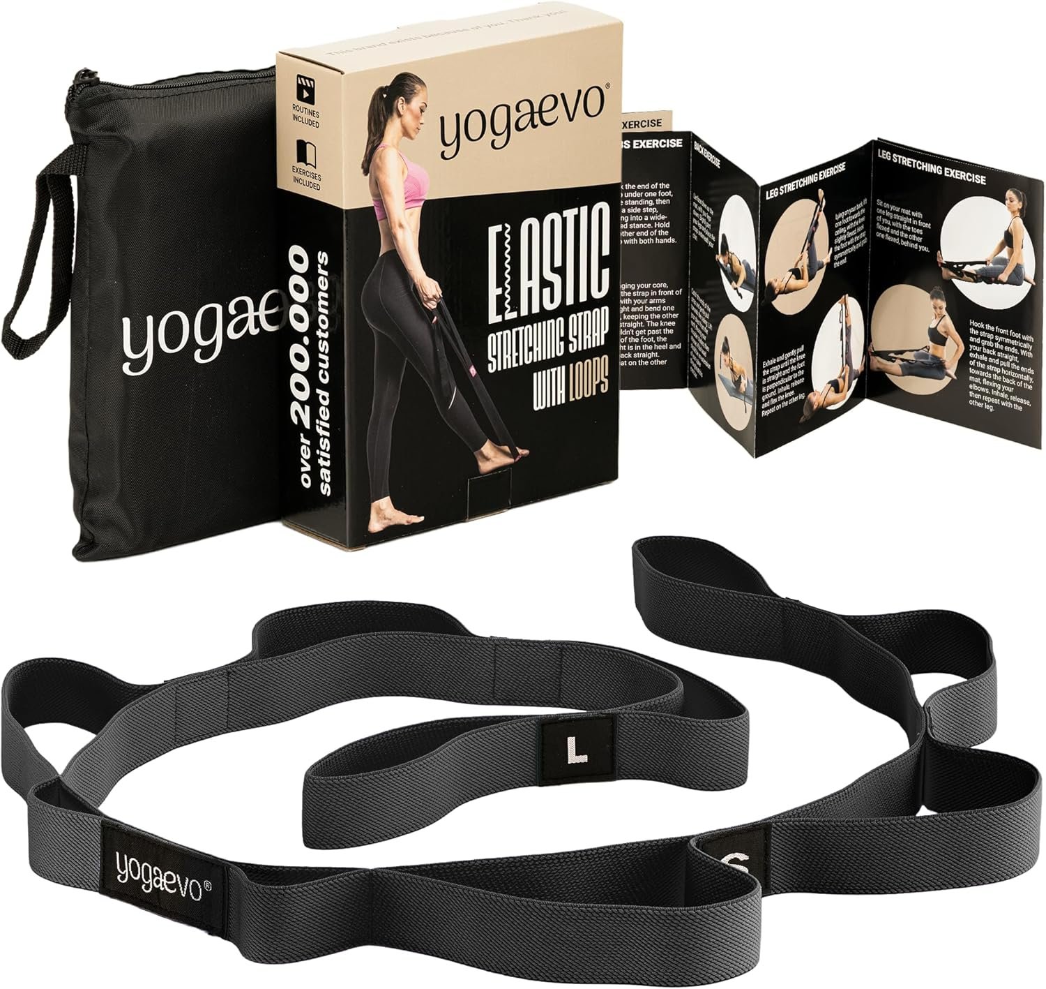 YOGA-EVO Elastic Stretching Strap with Loops – Cotton-Spandex Fabric Resistance Band for Muscle Stretching & Toning – Includes Carrying Pouch & Video Exercises