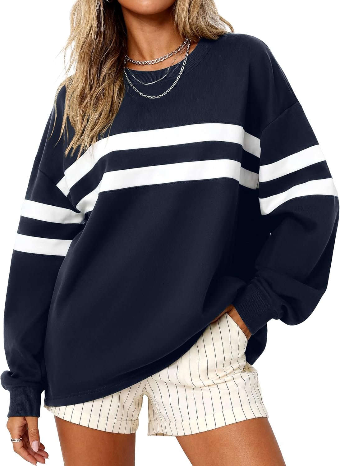 MASCOMODA Women’s 2026 Striped Oversized Sweatshirt Spring Crewneck Long Sleeve Shirts Casual Color Block Pullover Tops