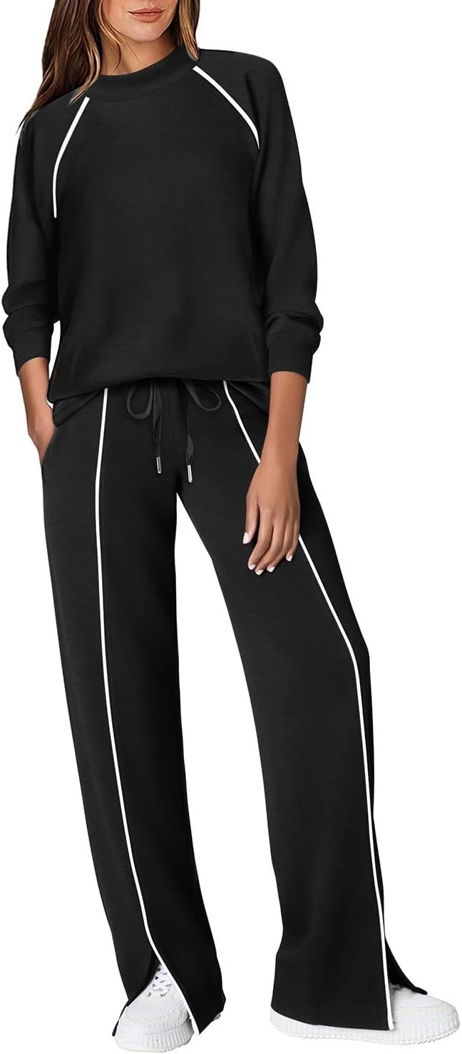 WIHOLL Lounge Sets for Women 2 Piece Fall Outfits 2025 Wide Leg Pant Matching Sets Womens Clothing