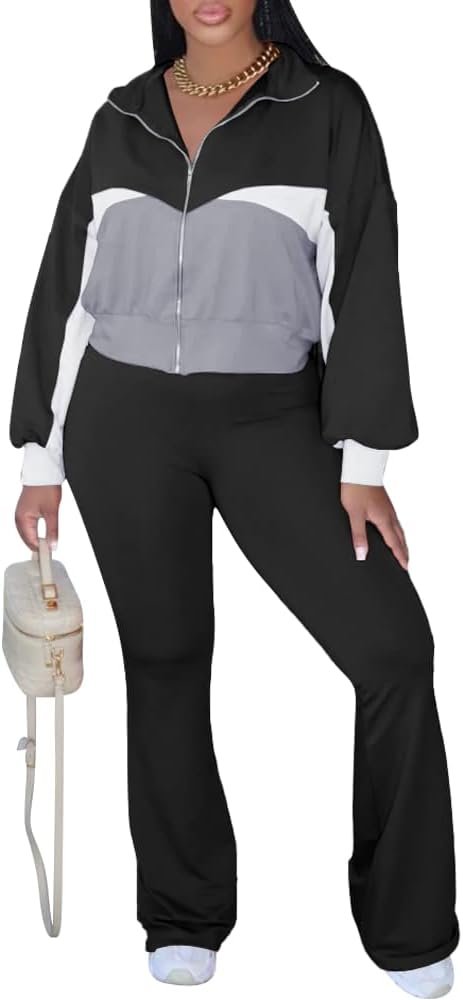 HBQ Women’s Color Block 2 Piece Tracksuit Sets Long Sleeve Zip Up Crop Jacket and Flare Pants Casual Y2K Outfit
