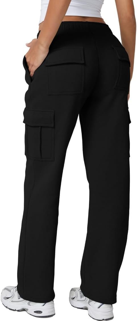 QINSEN Baggy Medium Waist Elastic Sweatpants for Womens Casual Long Fleece Cargo Pants with Pockets