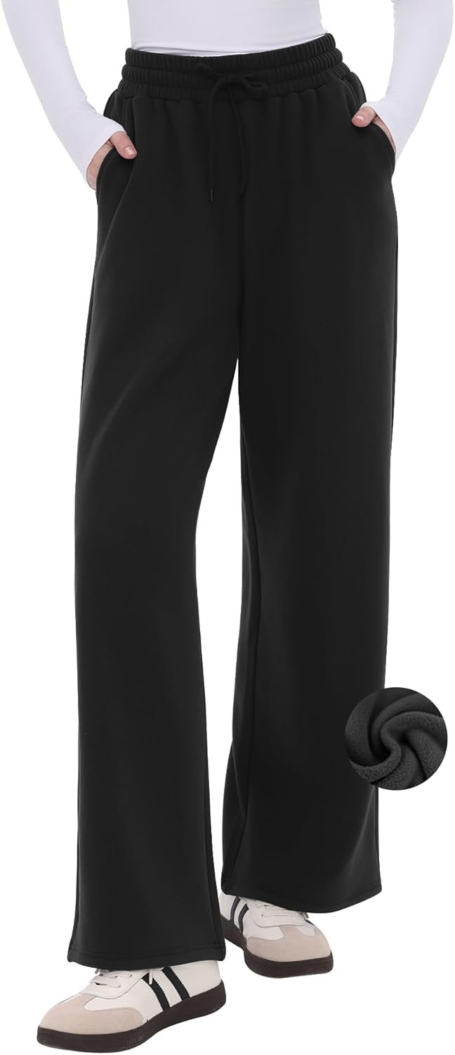CAMPSNAIL Womens Fleece Lined Sweatpants Wide Leg Winter Warm Thermal Straight Leg Baggy Lounge Sweat Pants with Pockets