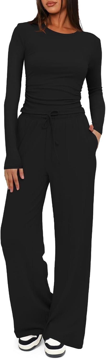 Darong Women’s 2 Piece Outfits Lounge Sets 2026 Long Sleeve Tops Wide Leg Pants Casual Matching Set