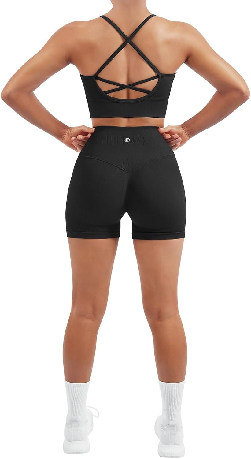 SUUKSESS Women Seamless 2 Piece Workout Sets Criss Cross Sports Bra High Waist Booty Shorts