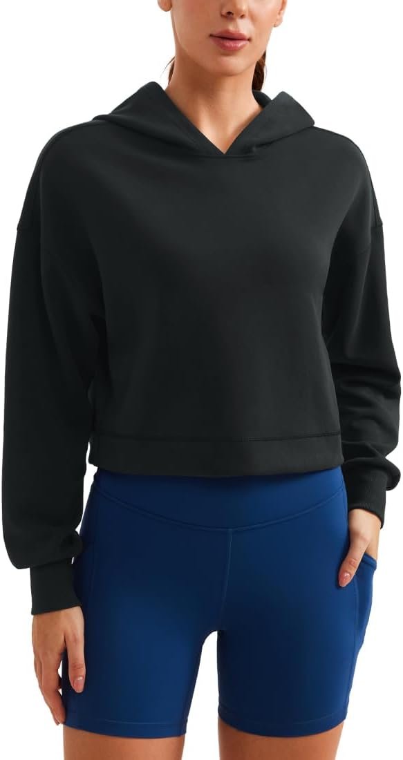 CRZ YOGA SoftAura Cropped Hoodies for Women – Long Sleeve Pullover Basic Workout Casual Hooded Sweatshirts