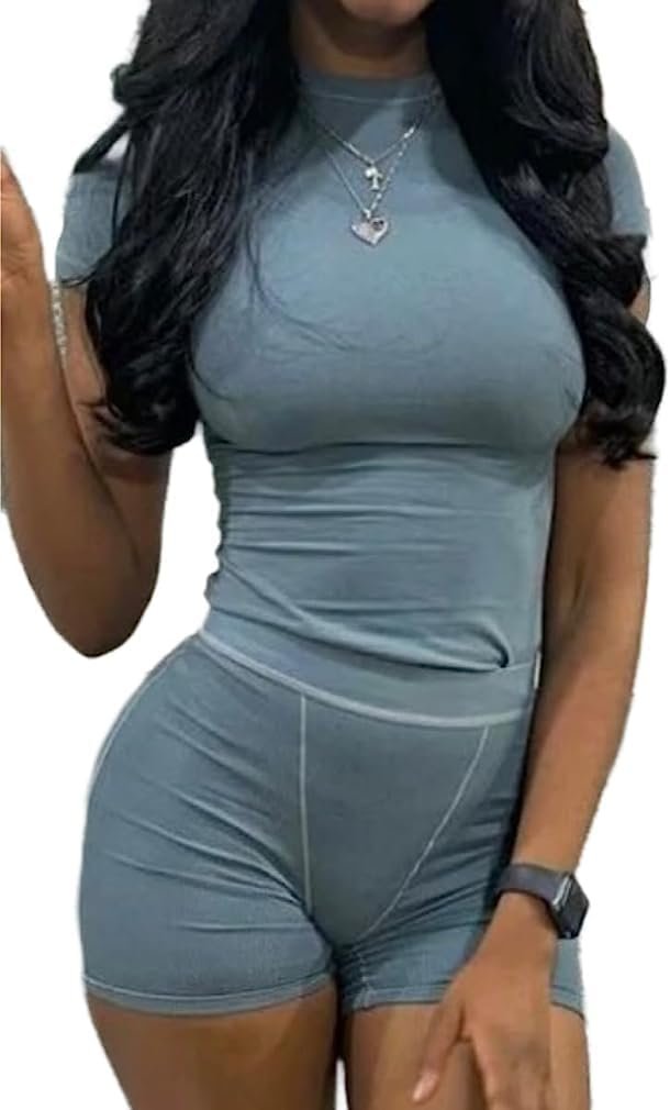 ZFLM Casual Workout Two Piece Outfits for Women Fitted Crew Neck T-shirt High Waist Pants Matching Sets Streetwear