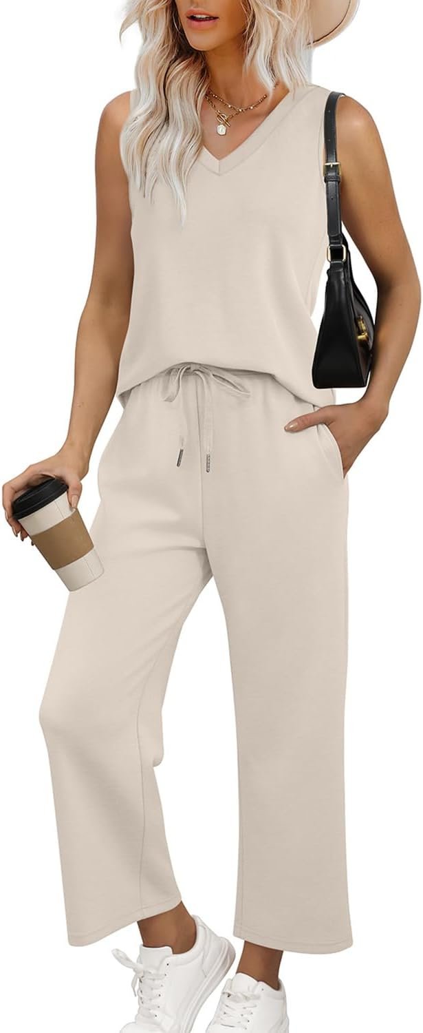 WIHOLL Two Piece Set for Women Summer Outfits Vacation Trendy Lounge Sets V Neck Matching Sets